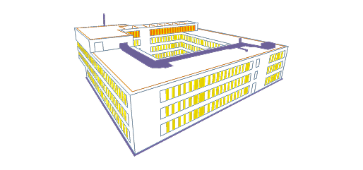 Illustration des DRV-Standorts Würzburg als rechteckiges Gebäude mit Innenhof in Neongelb und -orange auf dunklem Hintergrund.