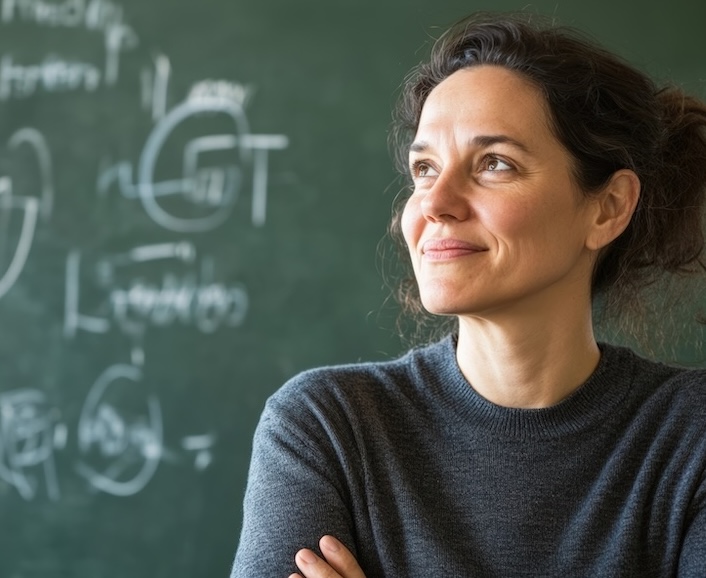 Eine Mitarbeitende aus dem wissenschaftlichen Bereich der DRV Bund steht vor einer Tafel und guckt neugierig und interessiert nach vorne links. Ihre Haare sind zurückgebunden und sie trägt einen grauen Pullover.